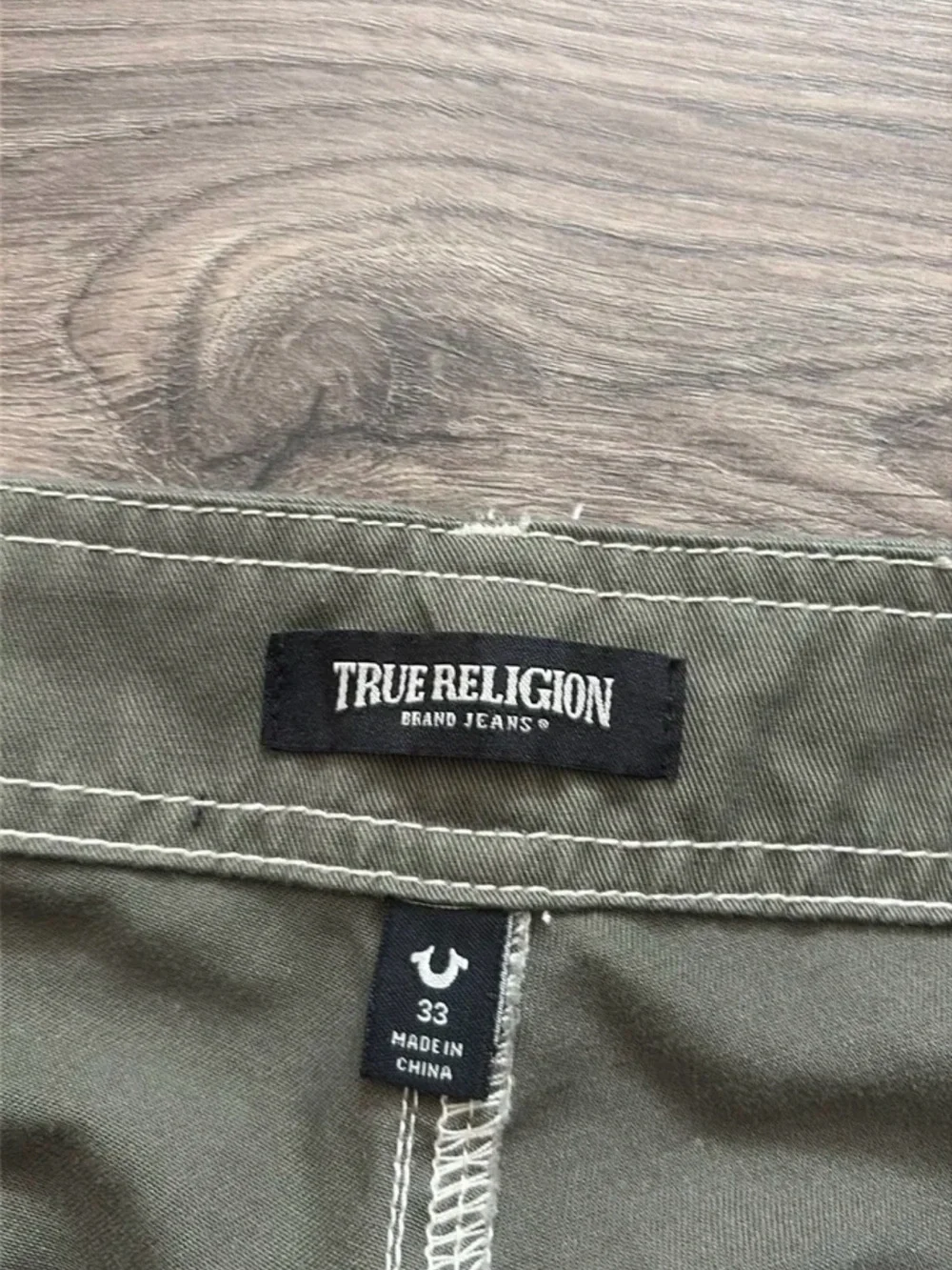 True Religion Olive Cargo Pants with Contrast Stitching